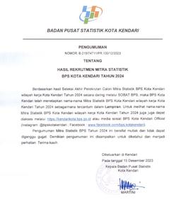 Pengumuman Rekrutmen Mitra Statistik BPS 2024 Kota Kendari